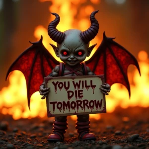 Demonic doll  with wings,standing in front of a burning inferno,...