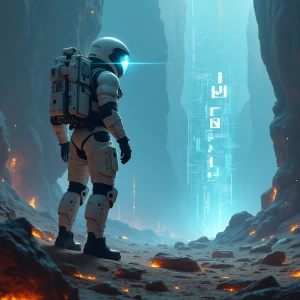 A futuristic and visually striking digital artwork with "Flux Dev" text. A lone astronaut in a high-tech exosuit exploring the surface of an unknown planet, scanning alien ruins with a holographic interface projected from their visor.