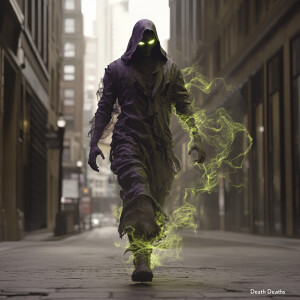 A hyper-realistic UHD image featuring "Death” wearing a tattered...