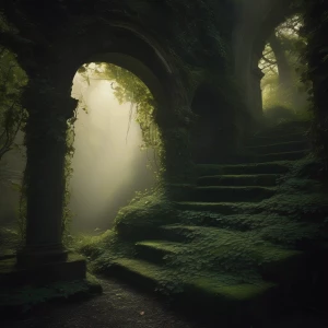 A shadowy, ancient ruin overgrown with ivy, surrounded by a swirling fog. The moonlight filters through broken arches, illuminating strange carvings and glowing moss. The air is heavy with a sense of secrecy and the unknown.