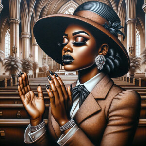 Render an airbrush oil painting of an African American woman with flawless makeup
kneeling at a church altar, her hands raised in a gesture of surrender to God. She's
dressed in stylish Sunday Best attire, with a particular focus on the delicate details of
her Church Hat. The background features a beautifully painted church interior, with the
oil paint texture enhancing the sacred atmosphere. The artwork should capture the
woman's devout expression, the elegance of her attire, and the spiritual ambiance of
the church setting, reflecting a moment of deep faith and devotion.