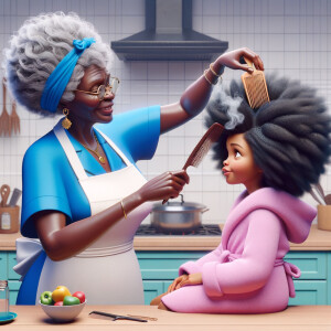 Create a realistic 3-D image of an african-American grandmother wearing a blue house dress and a white apron . She is in the kitchen with her african-American granddaughter. Her granddaughter is wearing a pink bath robe. The grandmother has a hot comb in her hand and she is straightening her granddaughters hair. One side of her granddaughters hair is in  a Afro the other straight 
There is smoke coming from the hot comb
The granddaughter is making a face