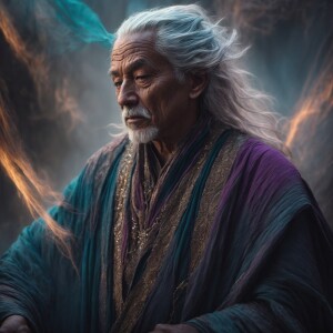A weathered warlock, draped in pastel robes, exudes an aura of a...