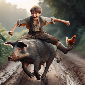 A young farm boy riding a pig and holding a chicken, full view