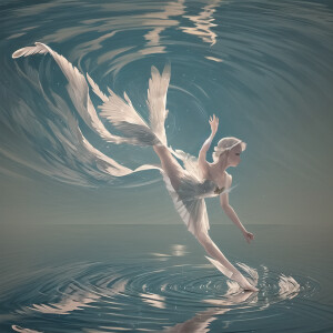 In a serene lake, a graceful ballerina fashioned from delicate f...