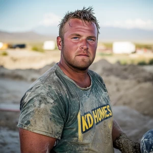 Brian Nobles a real 28 year old Caucasian male who is using  a concrete mixer, he is a  pump operator holding the hose which carries the liquid concrete to the foundation pour, Brian is slowly  beginning his transition into adult maturity , Brian Nobles is beginning to look like a grown man, he has large reflective blue eyes and a wrinkled brow,Brian is now balding , prominent large protruding round fat obese belly,,thick goatee beard, healthy muscle mass ,very noticeable male pattern balding hairline, Brian Nobles now has a  prominent receding and thinning male hairline (onset male pattern baldness), slightly fat overweight(Caucasian)wearing tight body conforming  glossy satin shiny green and gold tight fitting body conforming UnderArmour athletic bodysuit,emblazoned with the "KD HOMES" real estate logo, standing confidently in front of a newly completed constructed new KD HOME in Victorville California in a raw desert landscape. Brian has a protruding fat obese muscular physique, large male bulge, fat obese muscular frame , shows a substantial frame with a noticeable mature hairline and expressive eyes. His workman’s  pose should reflect his experience in his trade.