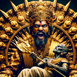 portrait of angry looking goddess durga sitting on a gold crown and carrying a weak mahishasur on her lap and stabbing him with her amazingly designed trident. She is wearing gold armor, a huge gold crown, gold saree, abundant  gold jewelry, covered in blood. The scene is set in ancient India. The image is 8K resolution, cinematic, ultra detailed face and epic.