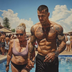 Realistic art 1:1 ,a pool party new york summer resort,a muscula...
