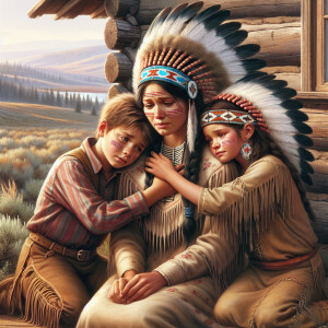 American Indian children hugging and healing their struggling Mo...