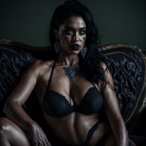 "a sensual, curvy femme with piercing green eyes and raven-black...