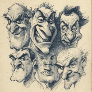 Caricature with grossly hideous face, laughing, and frowning, se...