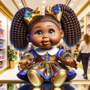 Create a 3-D image of an african-American little girl inside of a medium size, toy store. The little girl has thick long, ponytails and huge blue eyes. She has on a gold and blue jumpsuit with matching bows, She is playing with her favorite african-American cabbage patch doll, the doll has deep, dimples, and freckles and looks just like her