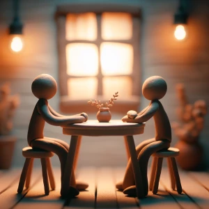 Two clay figures chatting at a small wooden table in a cozy, softly lit room