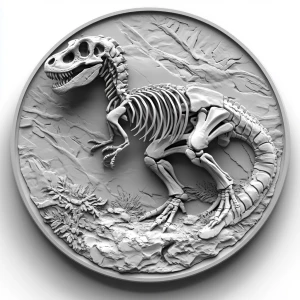 a grayscale bas relief of the sideview of a t-rex skeleton on a...