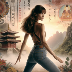 Athletic Thin skinny Attractive, Asian teenage girl, long brown hair and bangs, wearing tight skinny jeans and a halter top paint marks on her clothing, heroic pose Asian graffiti background, backside view