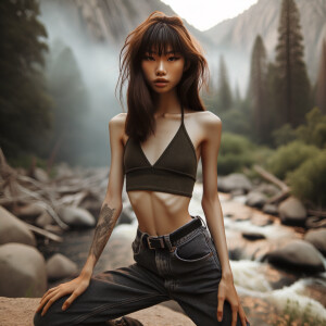 Thin Asian teen girl wearing tight jeans and a halter top Long brown hair and bangs, tattoos on her arms, athletic heroic pose