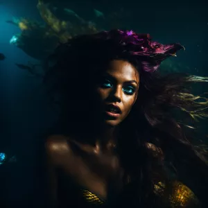 An evil mermaid ::1 with sharp teeth::3, malevolent glowing eyes...