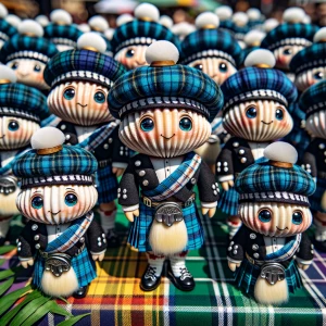 A group of cute clams, each wearing a matching dark blue Scottis...