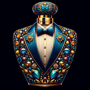 Create a blue and gold cologne bottle in the shape of a tuxedo with flowers with the name, Bradley and colorful jewels and diamonds