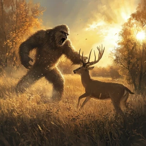 An enraged sasquatch with thick hair, depicted in humanoid form,...