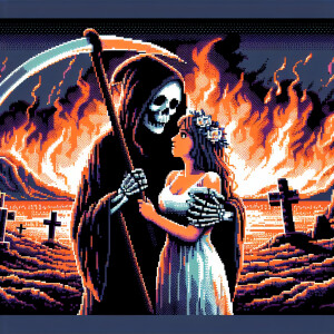 Grim reaper holding a lady, fire in the background, 8k resolutio...