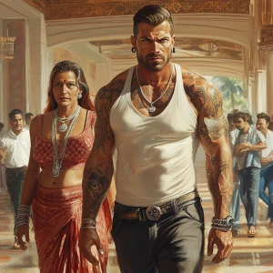 Realistic art, a muscular, tattooed man sweating as he walks thr...