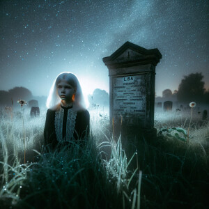 A girl with white hair stands at night near a grave with the ins...