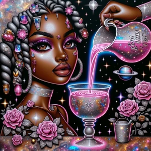 Create a vibrant pop art scene with a glittering, animated, cart...