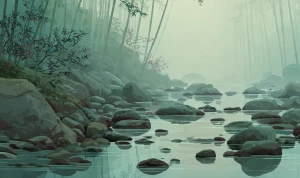 A tranquil Japanese forest river with smooth stones and gentle s...