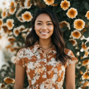A cute woman

Californian

Smiling 

Clothes: Floral Dress

Look...
