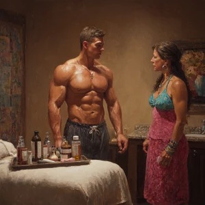 Hyperrealism photo painting, a muscular Russian man in his beach...