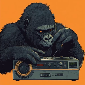 Gorilla pressing a button on a boombox with its finger