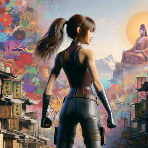 Athletic Thin skinny Attractive, Asian teenage girl, long brown hair and bangs, wearing tight skinny jeans and a halter top paint marks on her clothing, heroic pose Asian graffiti background, backside view