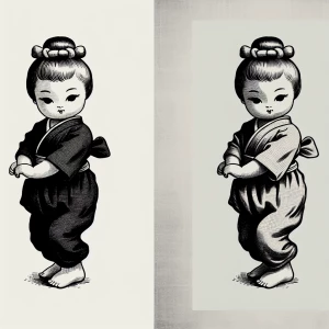 black and white drawing of a vintage style Kewpie doll. She is p...