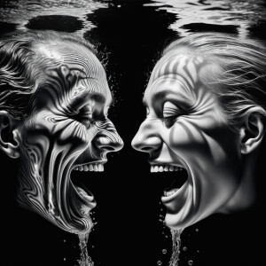 Hyper realistic, two faces made of water looking at eachother, o...