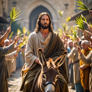 Depict Jesus Christ, exuding a peaceful aura, riding a humble do...
