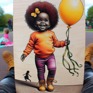 A brown-skinned African American toddler girl with big curly red...