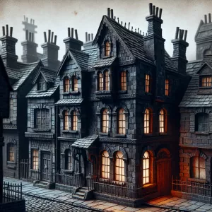 a dark, nondescript Gothic-style Victorian house, its façades ma...