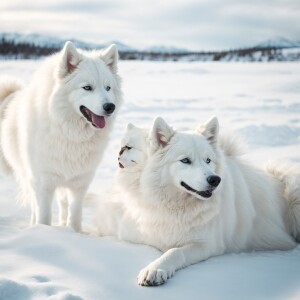 One white Alaska Samoyed and one dog white husky . Losing in the...