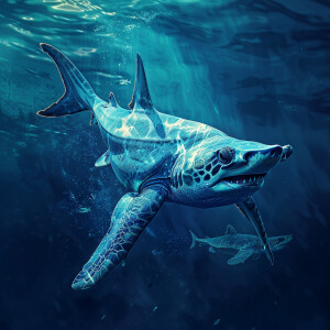 Hammerhead shark with a sea turtle shell and sea turtle fins. Ul...