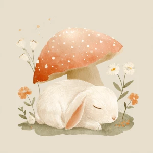 Cute fluffy rabbit curled up sleeping under a large spotted mush...