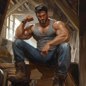 The image features a muscular man sitting in what appears to be...