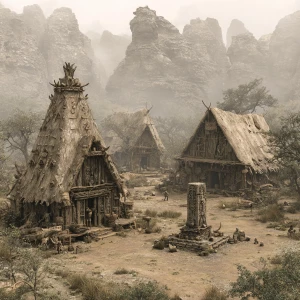 Ancient Essosi lowland village in the shadow of a distant volcan...