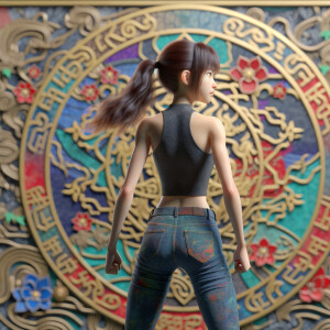 Athletic Thin skinny Attractive, Asian teenage girl, long brown hair and bangs, wearing tight skinny jeans and a halter top paint marks on her clothing, heroic pose Asian graffiti background, backside view