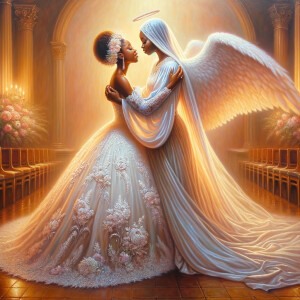 Imagine a hyper-realistic oil painting that captures a tender moment between theAfrican American bride and her God. The setting is intimate and filled with soft, warm lighting that enhances the emotional depth of the scene. The bride, in herexquisite wedding gown, shares a heartfelt embrace with her african-American Lord Jesus , who is dressedin an elegant outfit that complements the wedding's color scheme. Their expressions are full of love, pride, and joy, reflecting the special bond between them. Theattention to detail is paramount, from the intricate designs of their dresses to the subtle emotions conveyed in their facial expressions. The background is a blur ofgentle pastel hues, ensuring that the focus remains on this touching moment. Thispainting should convey the warmth, love, and depth of the relationship, with the rich textures and vibrant strokes characteristic of oil paintings, capturing the essence of this significant pre-wedding moment.