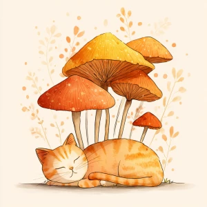 Orange cat stretching lazily under mushroom, kawaii style, paste...