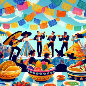 "Illustrate a lively Cinco de Mayo celebration, with vibrant pap...