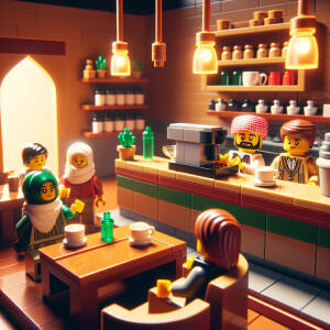 Design a tranquil coffee shop setting with patrons enjoying thei...