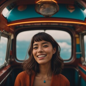 Ghibli Style, a woman, adventure, look to the front, happy face