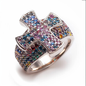 Sterling silver ring featuring a cross design adorned with stunn...